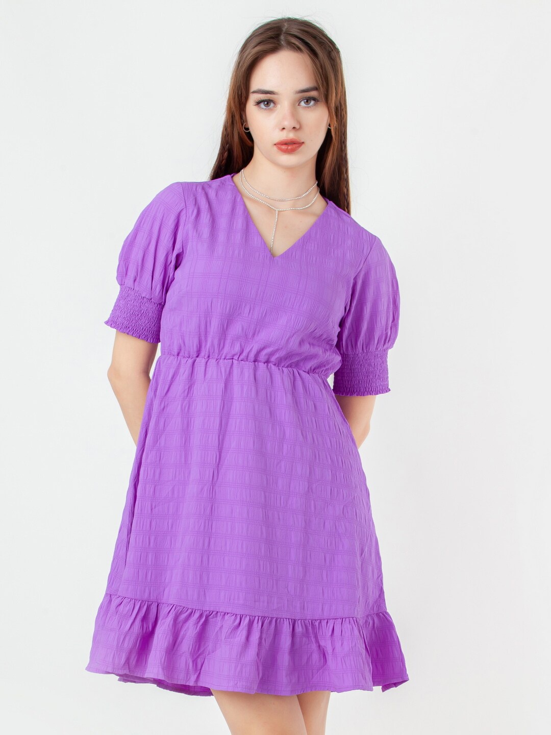 

Zink London Women Self Design V Neck Short Sleeves Mini Fit & Flare Dress, Purple