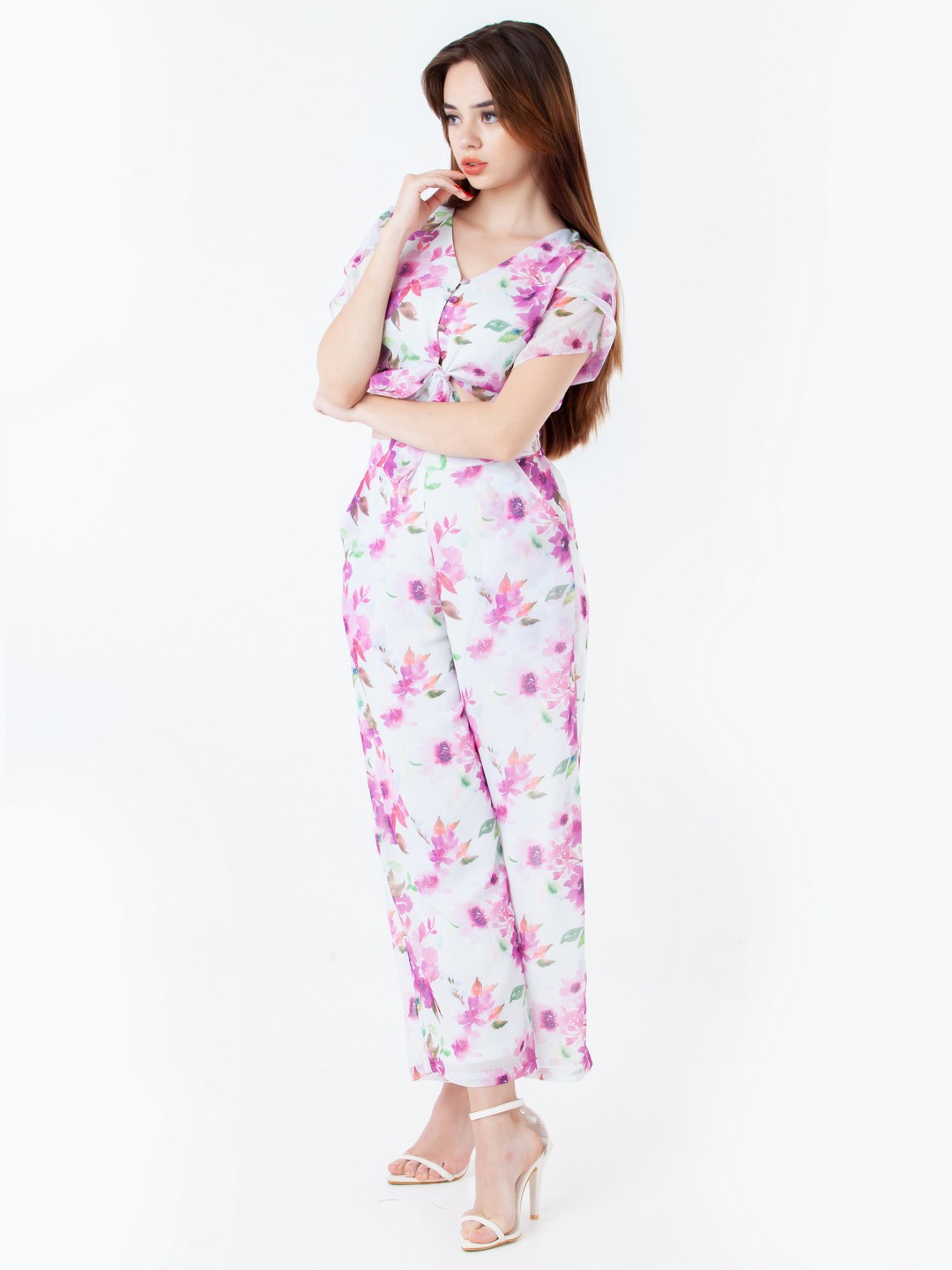 

Zink London Floral Printed Flared Sleeves Tie-Ups Crop Top, White
