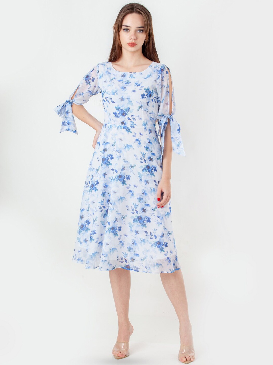 

Zink London Women Floral Printed Slit Sleeves Midi Fit & Flare Dress, White