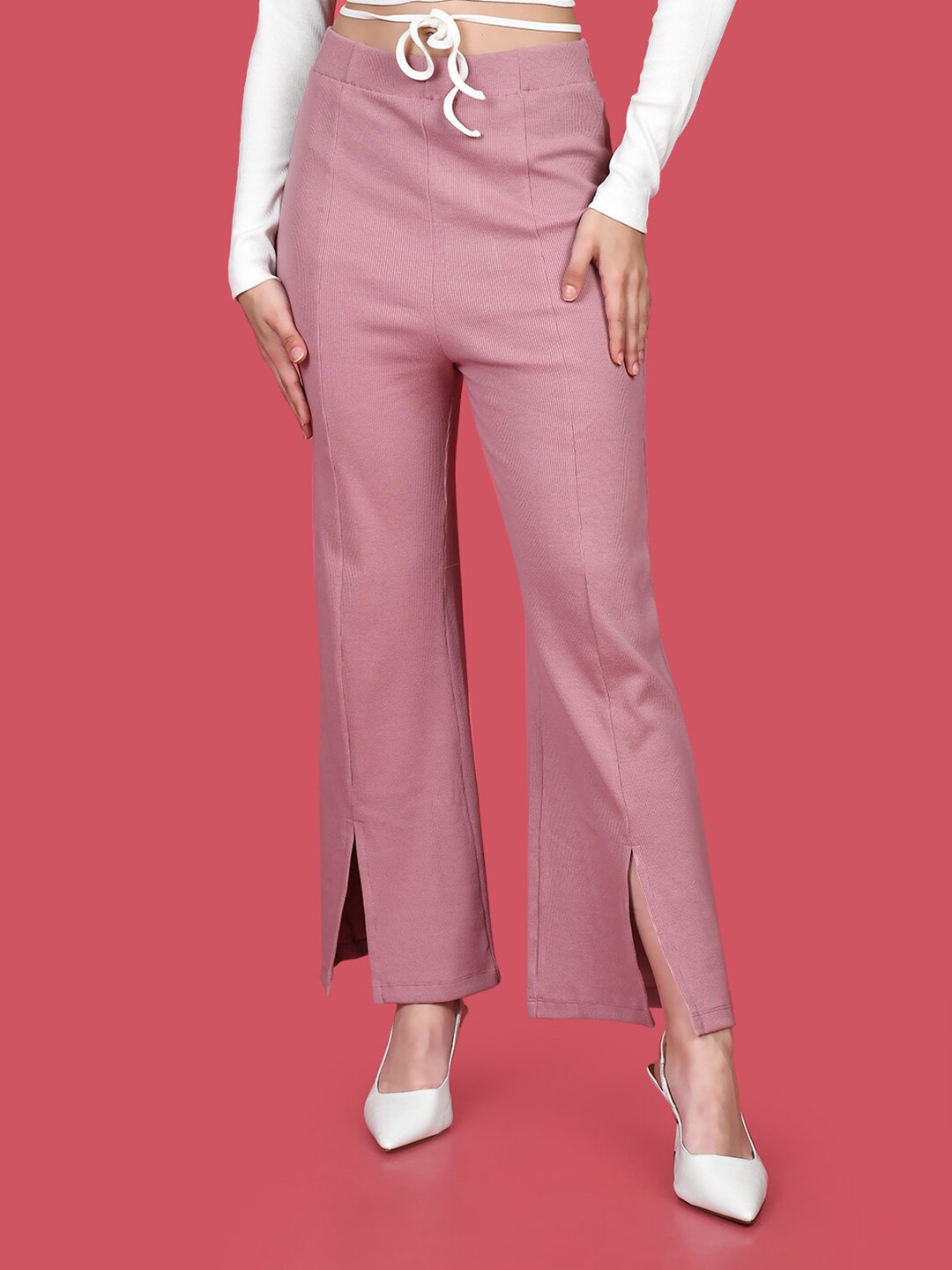 

Zink London Women Flared High-Rise Pure Cotton Trouser, Pink