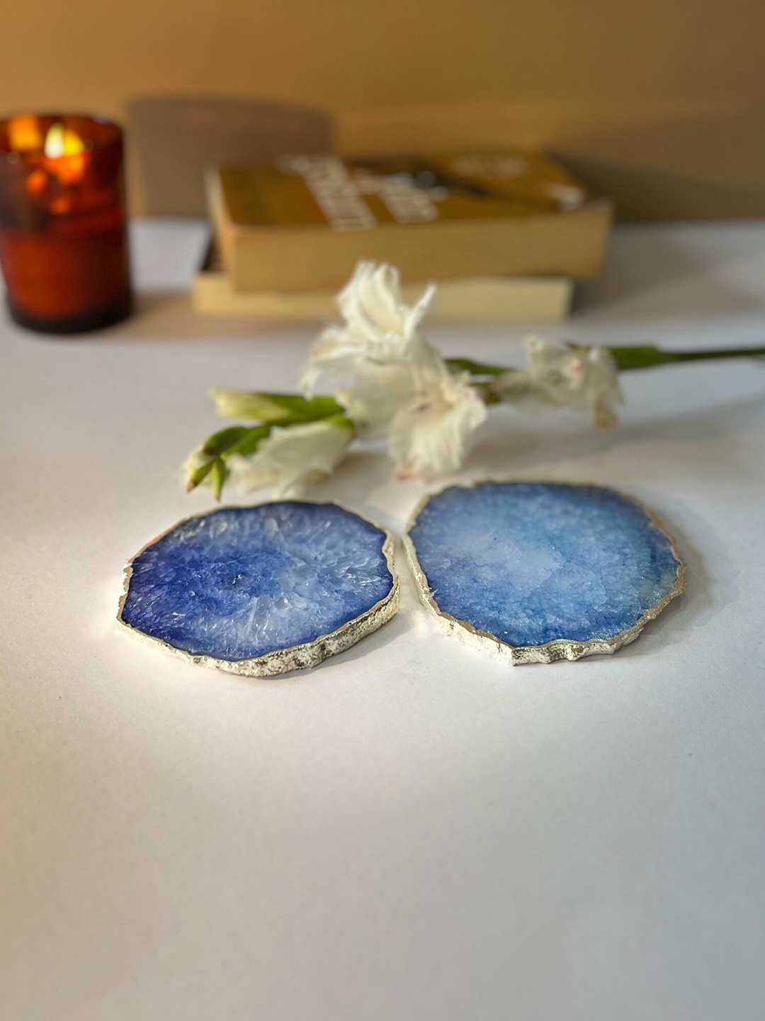 

HOMEARTE Blue 2 Pieces Textured Round Agate Stone Coasters