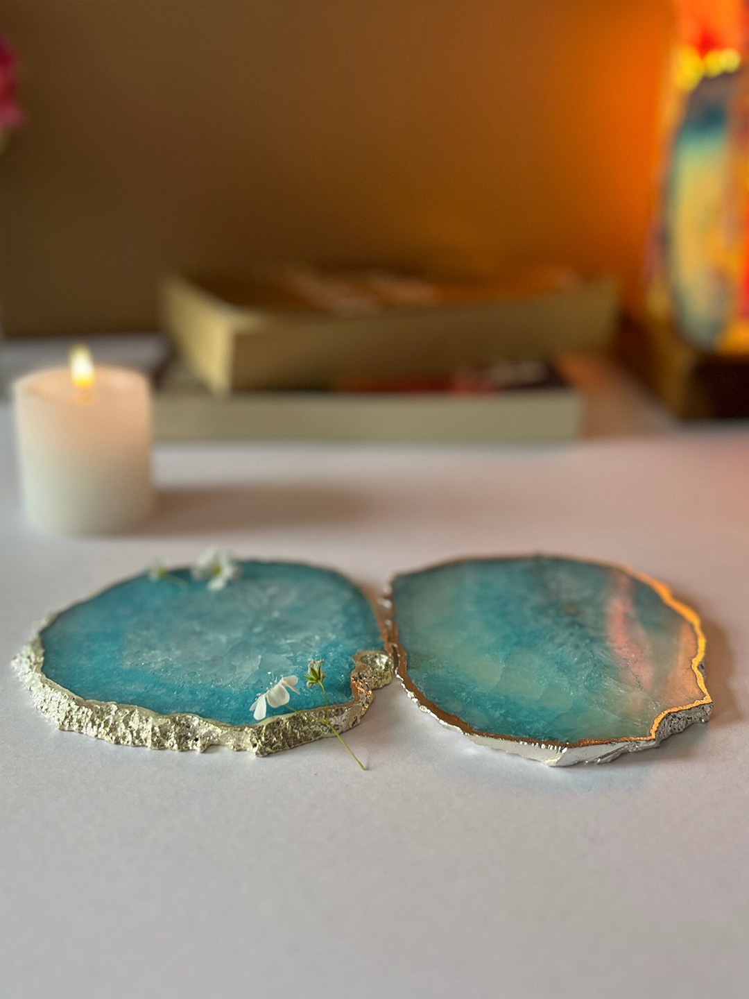 

HOMEARTE Turquoise Blue 2 Pieces Textured Round Agate Stone Coasters