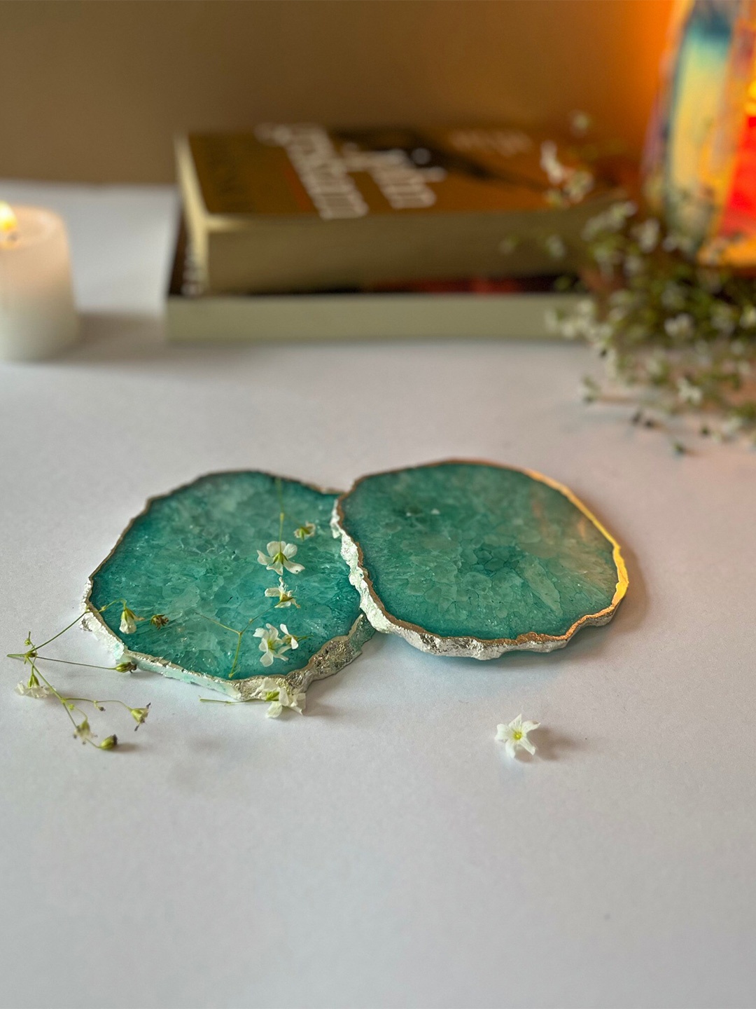 

HOMEARTE Green 2 Pieces Textured Agate Stone Coasters