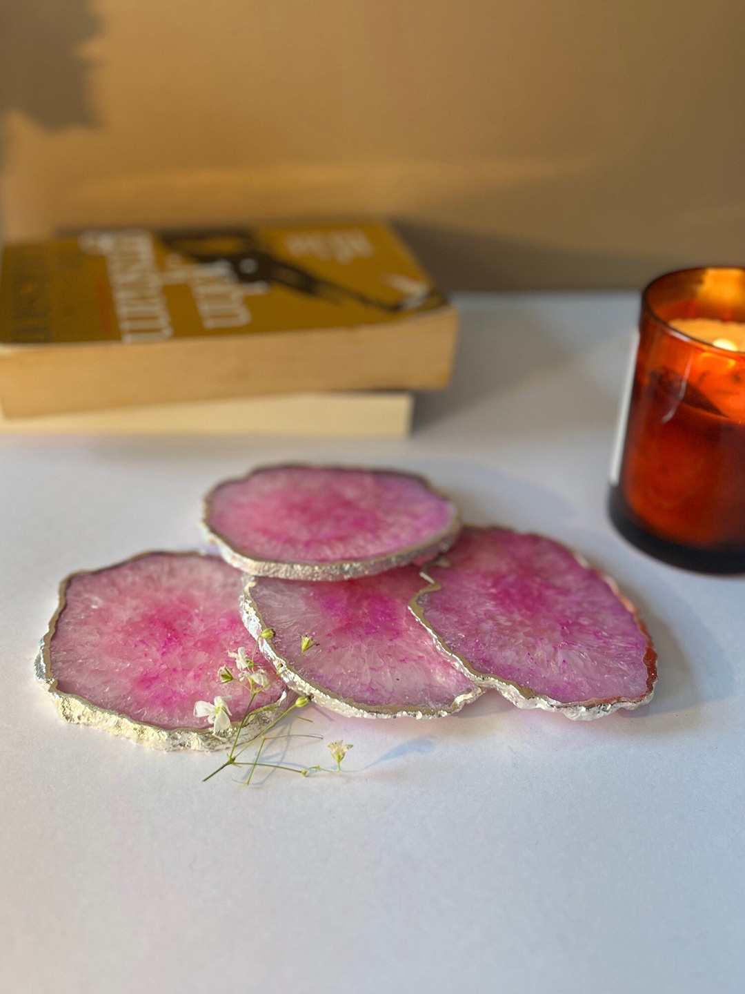 

HOMEARTE Pink 4 Pieces Textured Agate Stone Coasters