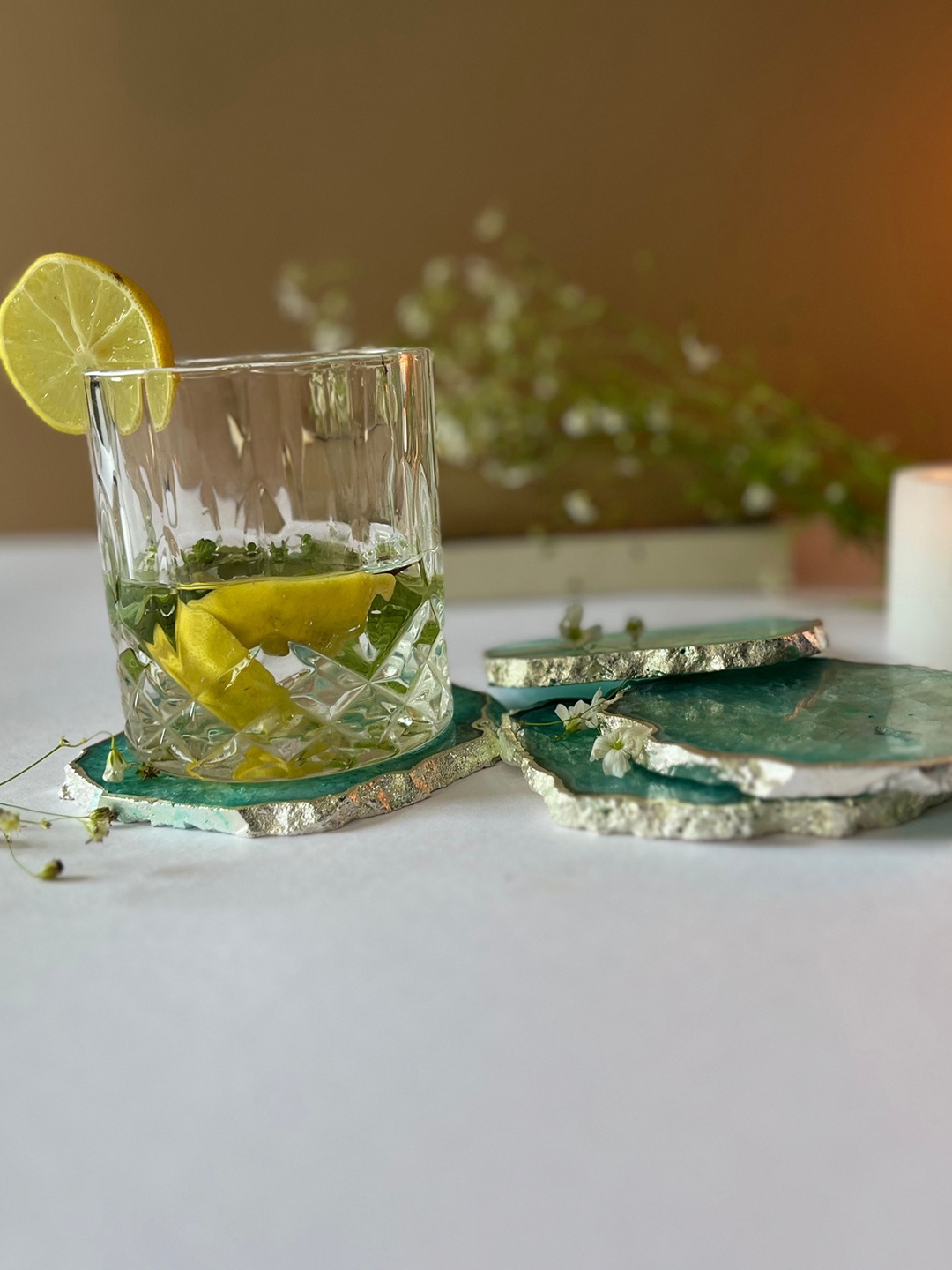 

HOMEARTE 4 Pieces Blue Abstract Shape Marble Coasters, Green