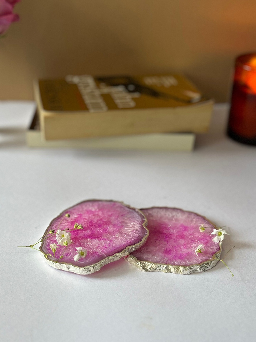 

HOMEARTE Pink 2 Pieces Textured Agate Stone Coasters