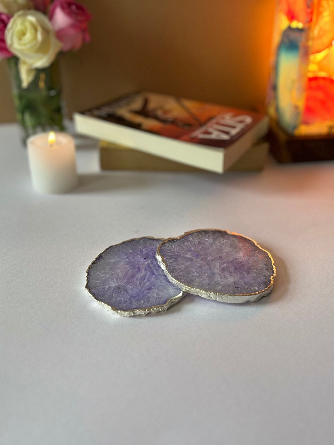 

HOMEARTE Purple 2 Pieces Textured Round Agate Stone Coasters