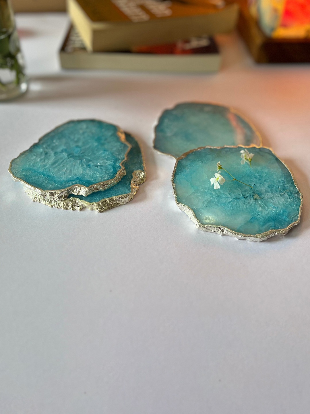 

HOMEARTE Turquoise Blue 4 Pieces Textured Agate Stone Coasters