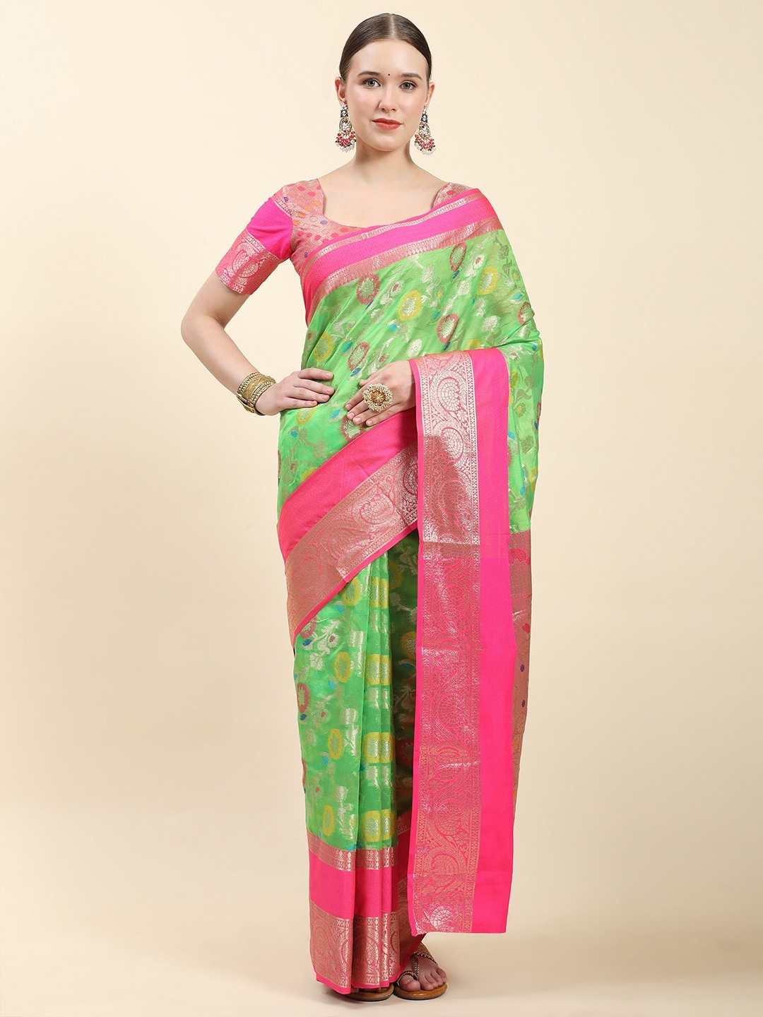 

NOISE Ethnic Motifs Woven Design Zari Pure Silk Block Print Saree, Lime green
