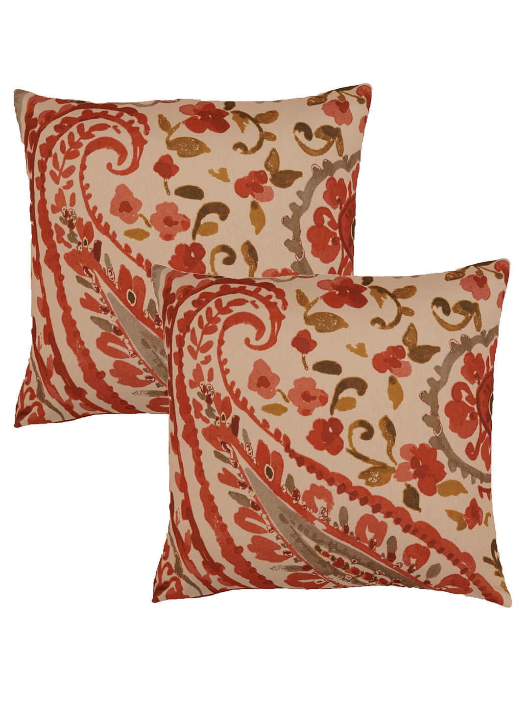 

ZEBA Beige & Red 2 Pieces Floral Printed Square Cotton Cushion Covers