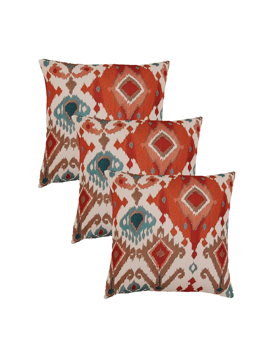 

ZEBA Beige & Red 3 Pieces Ethnic Motifs Square Cushion Covers