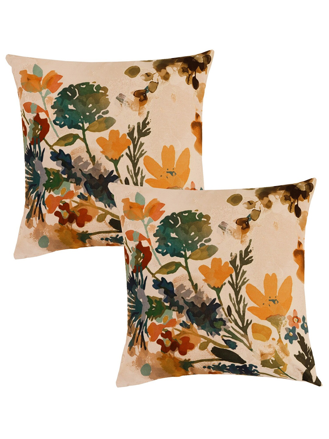 

ZEBA Beige & Green 2 Pieces Floral Printed Square Cushion Covers