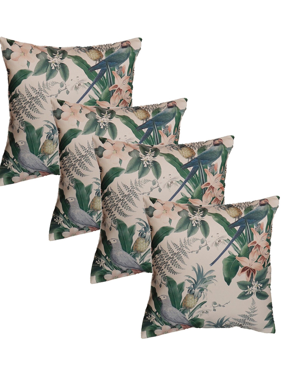 

ZEBA Beige & Green 4 Pieces Floral Printed Square Cushion Covers