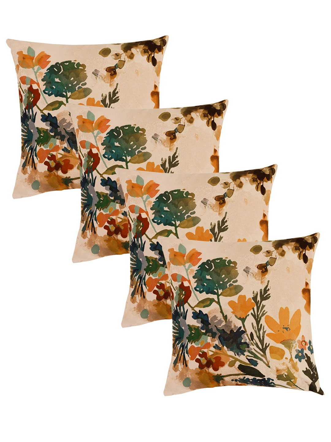 

ZEBA Beige & Green 4 Pieces Floral Printed Square Cushion Covers