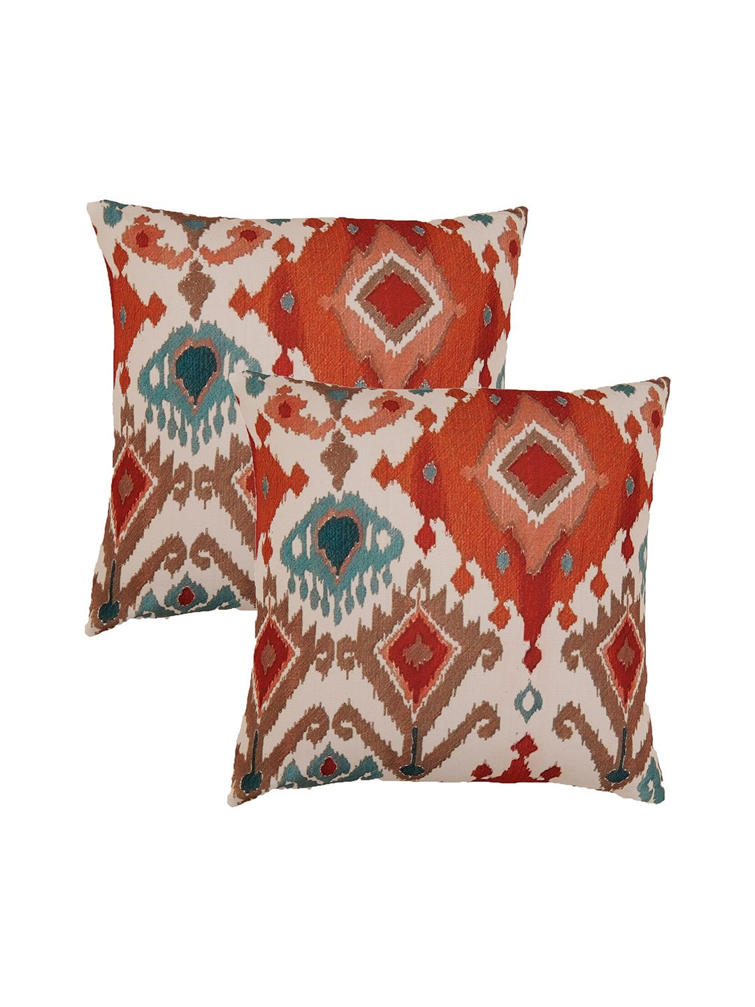 

ZEBA Beige & Red 2 Pieces Ikat Printed Square Cushion Covers