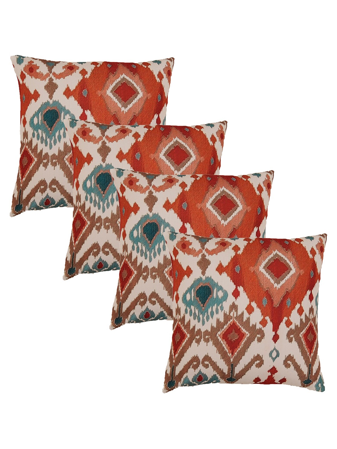 

ZEBA Beige & Red 4 Pieces Ikat Printed Square Cushion Covers