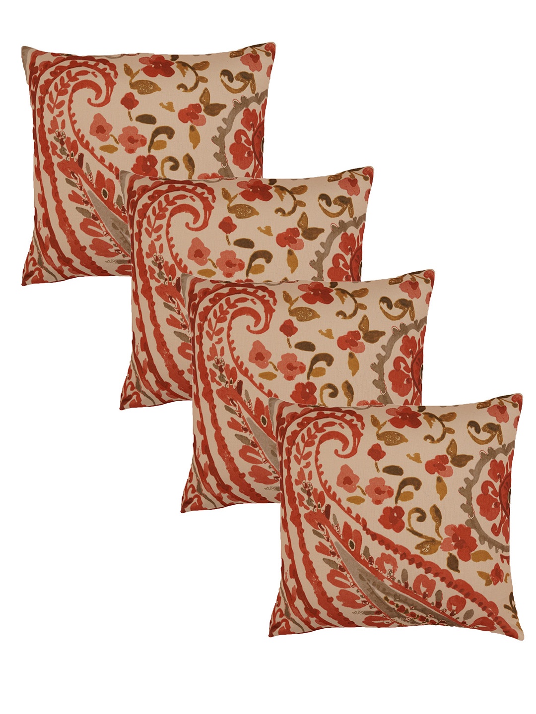 

ZEBA Beige & Red 4 Pieces Floral Printed Square Cotton Cushion Covers