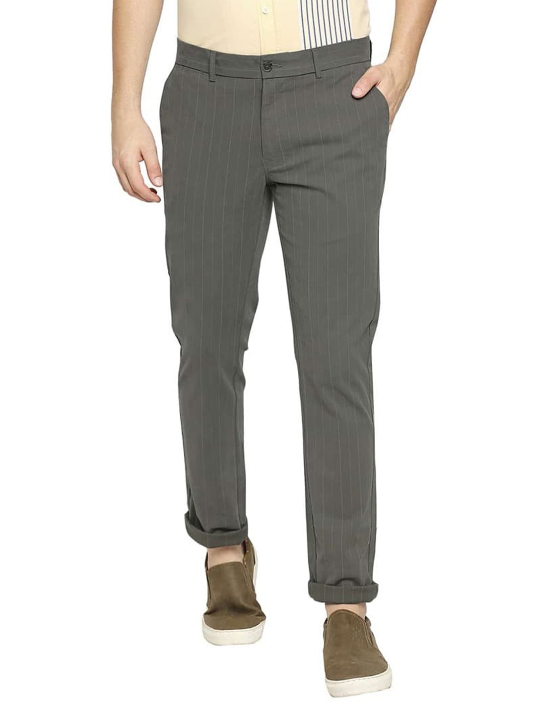 

Basics Men Mid-Rise Flat-Front Cotton Striped Tapered Fit Chinos Trousers, Olive