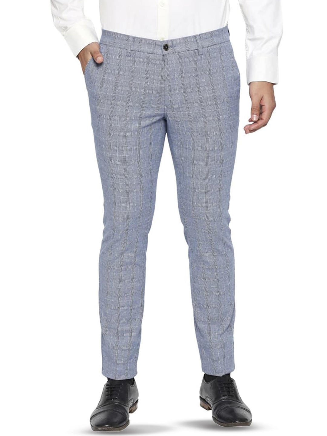 

Basics Men Checked Tapered Fit Mid-Rise Cotton Trousers, Blue