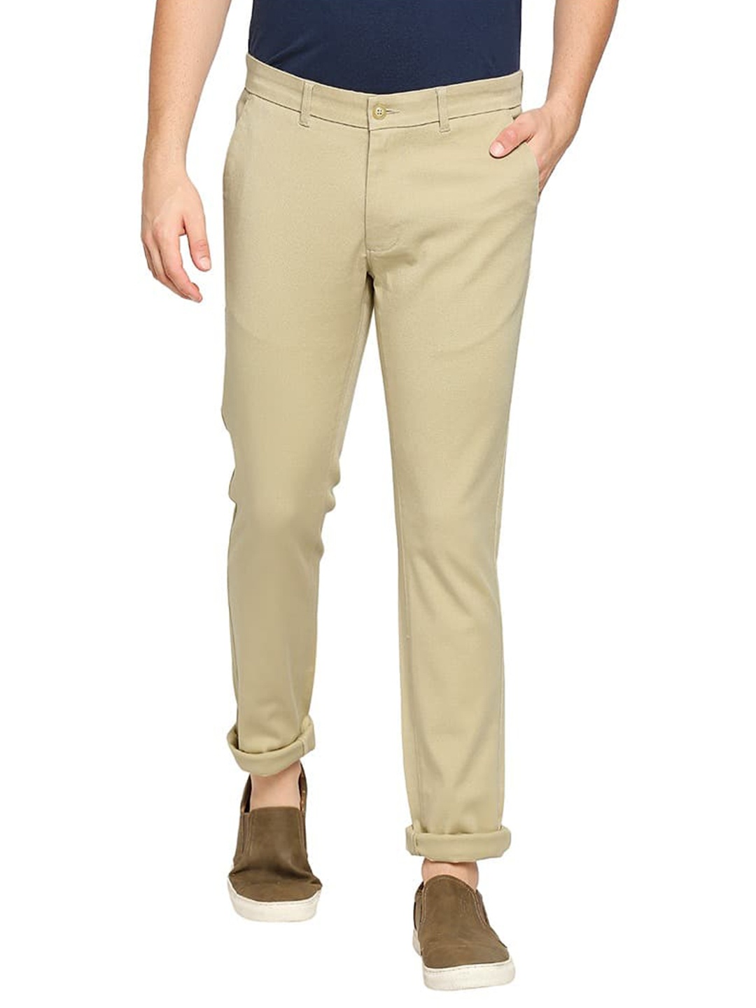

Basics Men Mid-Rise Flat-Front Cotton Tapered Fit Chinos Trousers, Green