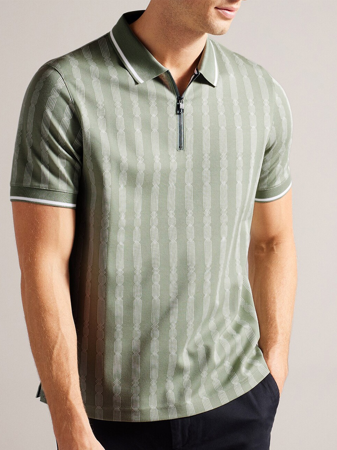 

Ted Baker Striped Polo Collar Cotton T-shirt, Green