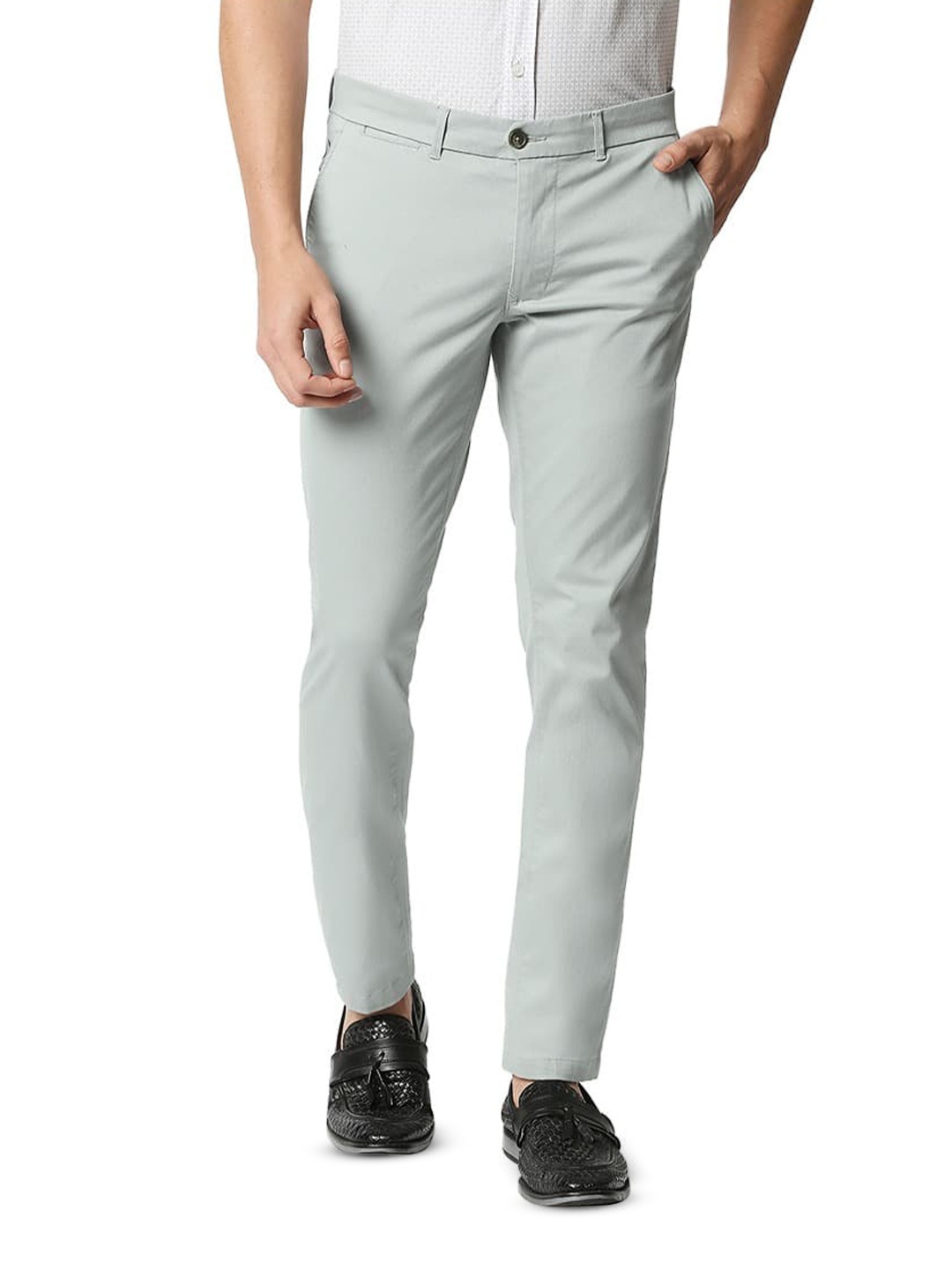 

Basics Tapered Fit Mid-Rise Cotton Casual Denim Chinos Trouser, Grey