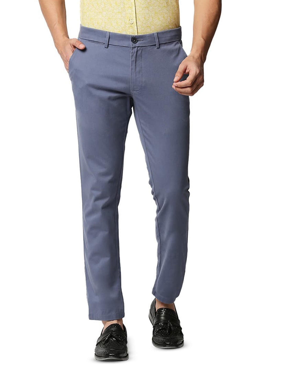 

Basics Men Tapered Fit Chinos Mid-Rise Cotton Casual Trousers, Blue