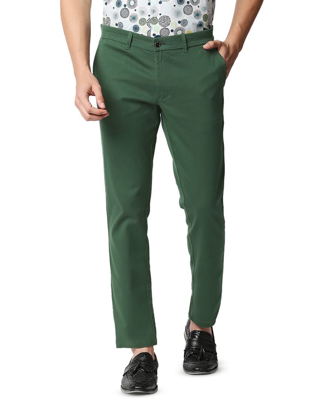 

Basics Men Tapered Fit Chinos Mid-Rise Cotton Casual Trousers, Green