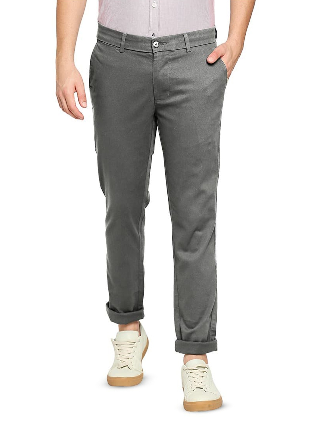 

Basics Men Tapered Fit Chinos Cotton Stretchable Trousers, Grey