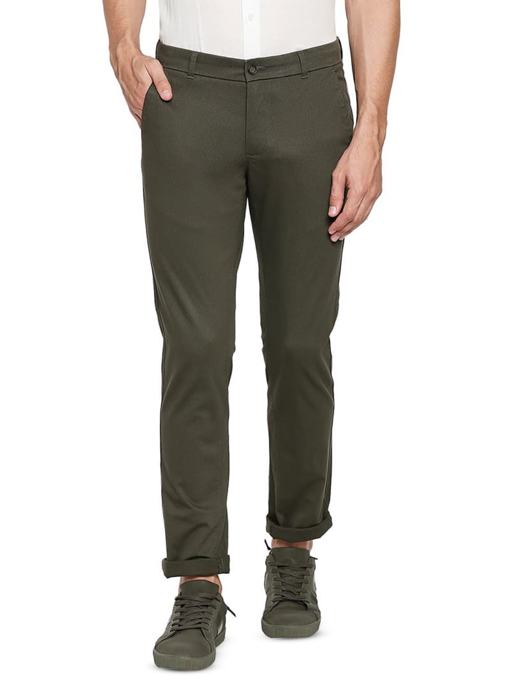 

Basics Men Tapered Fit Cotton Chinos Trousers, Olive