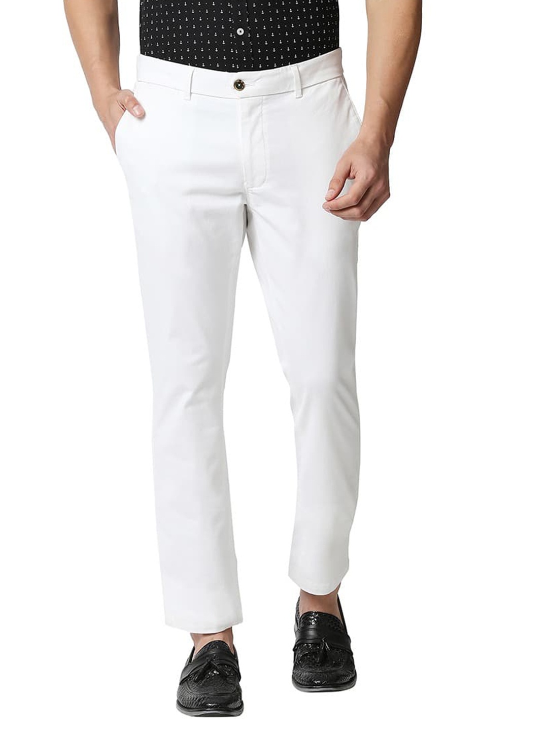 

Basics Men Mid-Rise Plain Cotton Tapered Fit Chinos Trousers, White