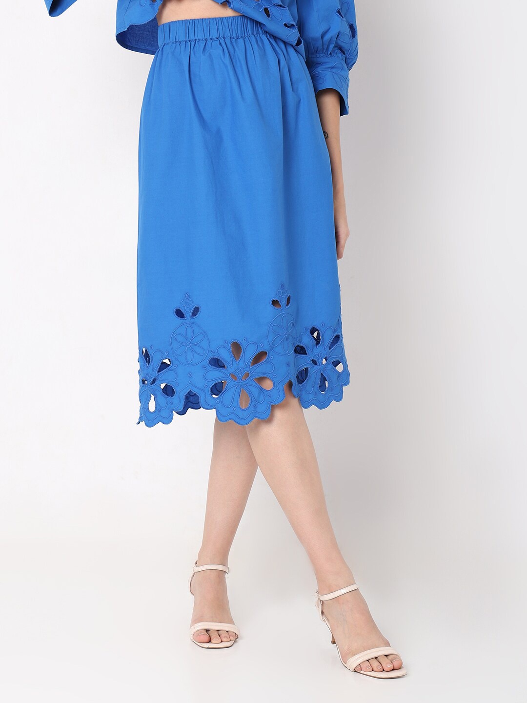 

Vero Moda Women Pure Cotton Straight Midi Skirt, Blue