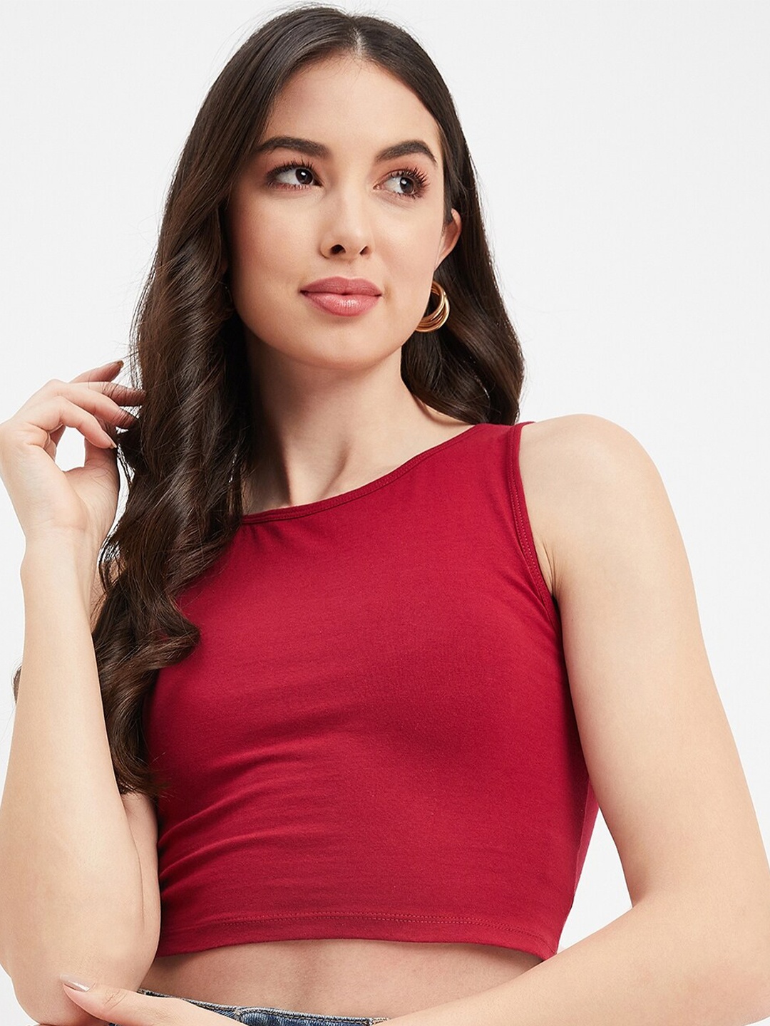

Hypernation Sleeveless Cotton Fitted Crop Top, Maroon