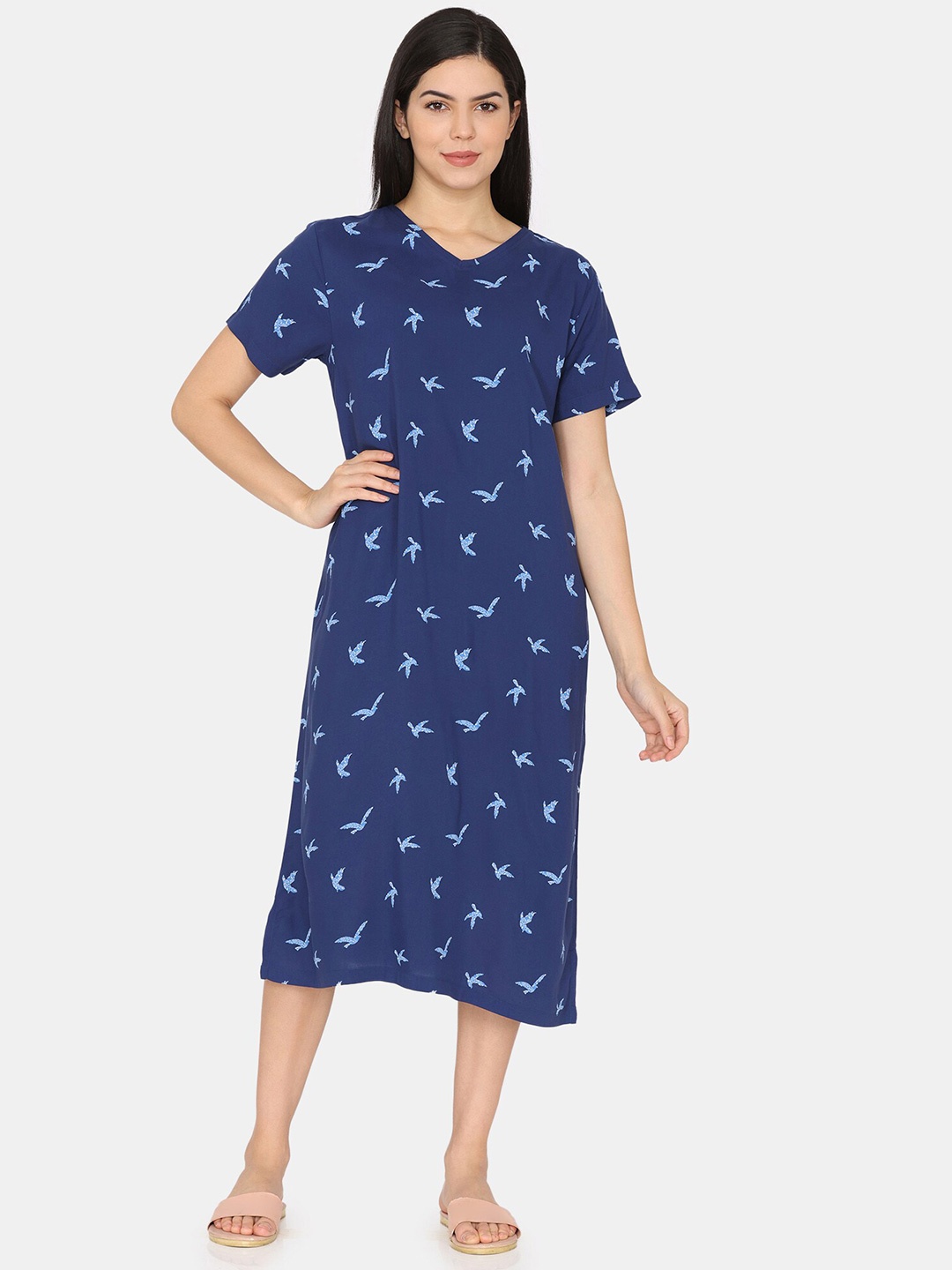 

Zivame Conversational Printed V-Neck Nightdress, Blue