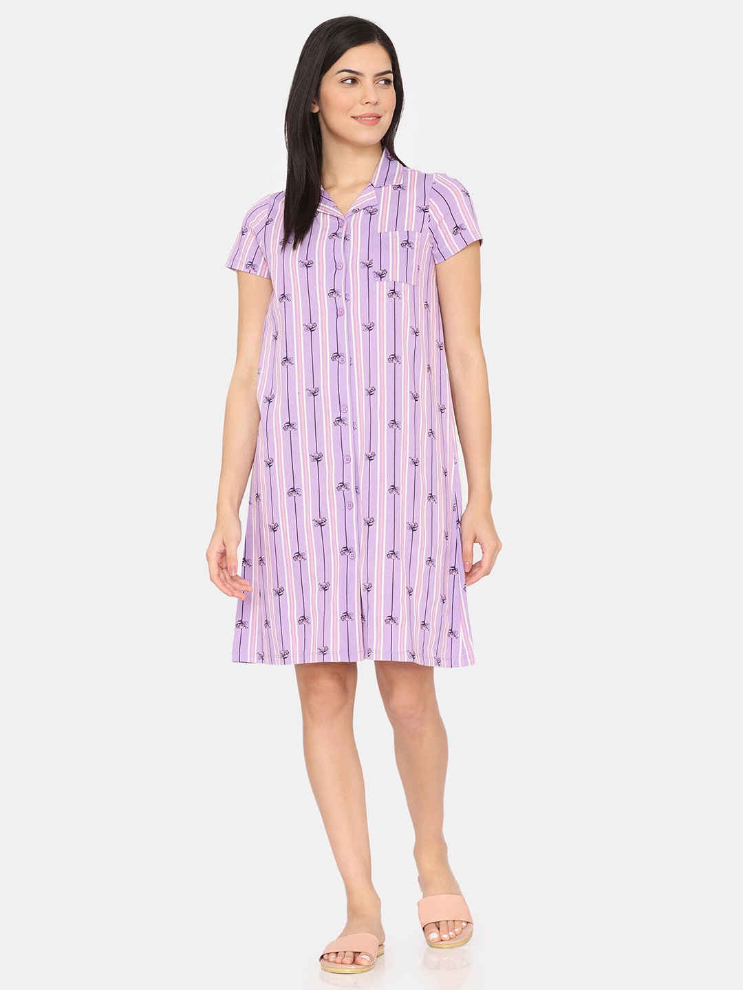 

Zivame Floral Printed Pure Cotton Nightdress, Lavender