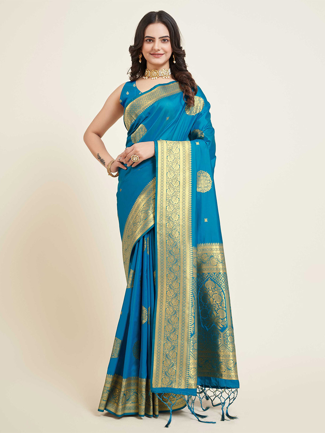 

Mitera Ethnic Motifs Woven Design Zari Banarasi Saree, Blue