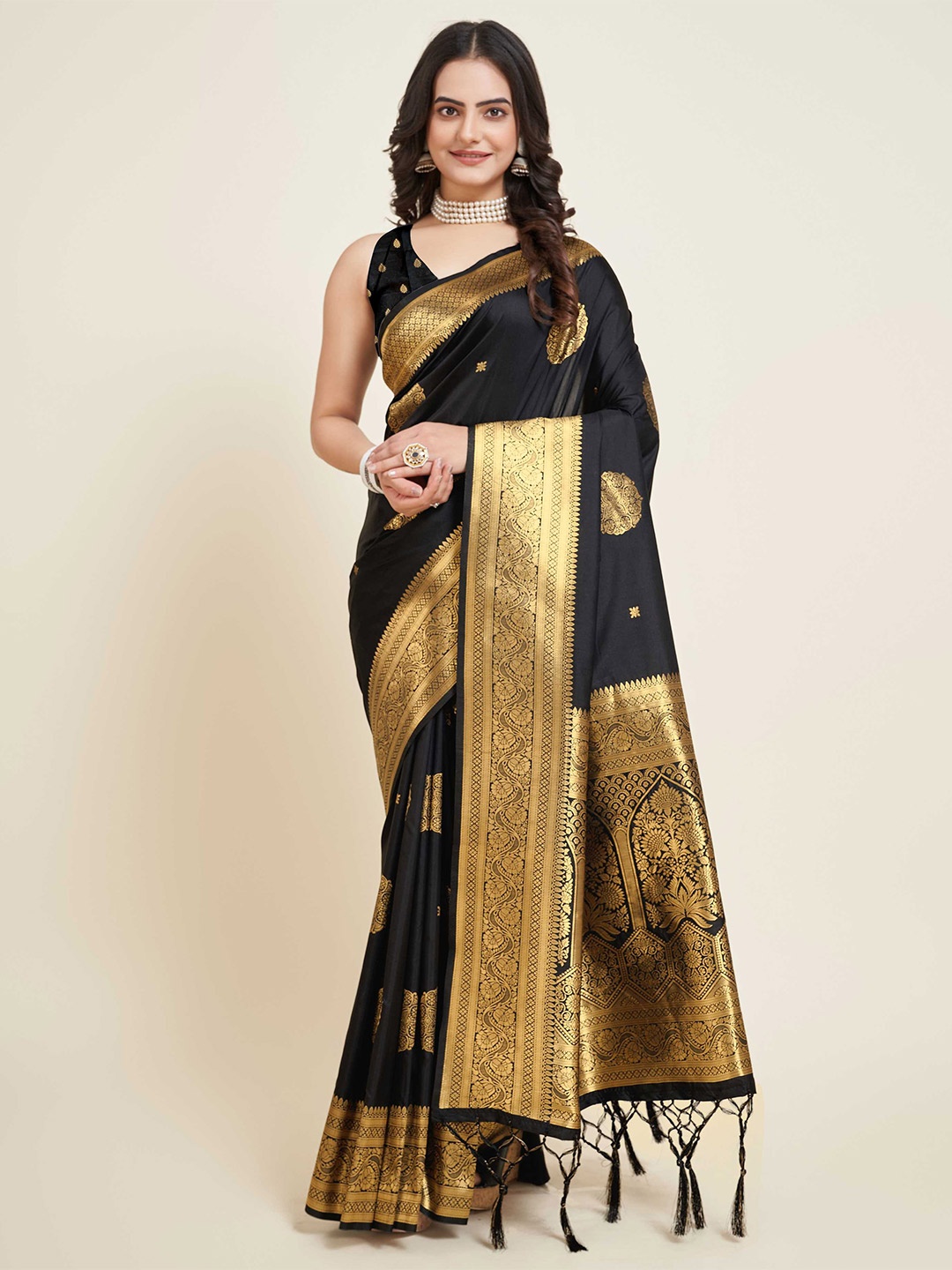 

Mitera Ethnic Motif Woven Design Zari Silk Banarasi Saree, Black