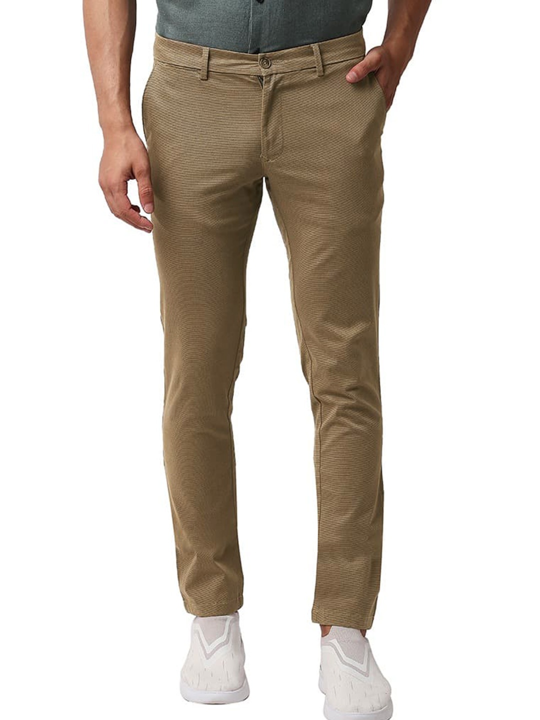 

Basics Men Tapered Fit Chinos Mid-Rise Denim Casual Trousers, Brown