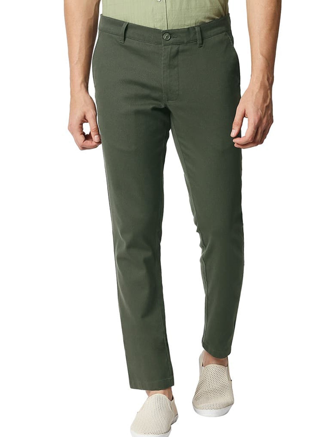 

Basics Men Tapered Fit Chinos Mid-Rise Denim Casual Trousers, Olive