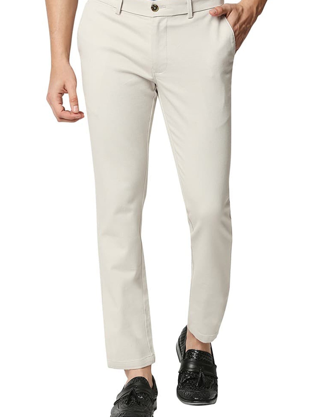 

Basics Men Mid Rise Plain Cotton Tapered Fit Trousers, Beige