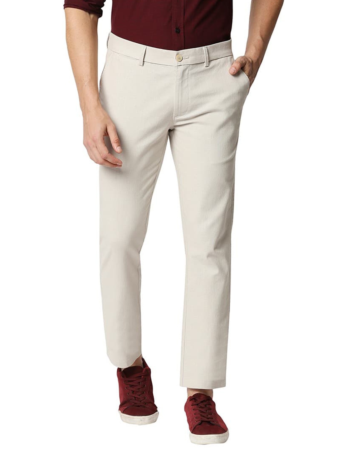 

Basics Men Tapered Fit Mid-Rise Plain Cotton Chinos Trousers, Beige