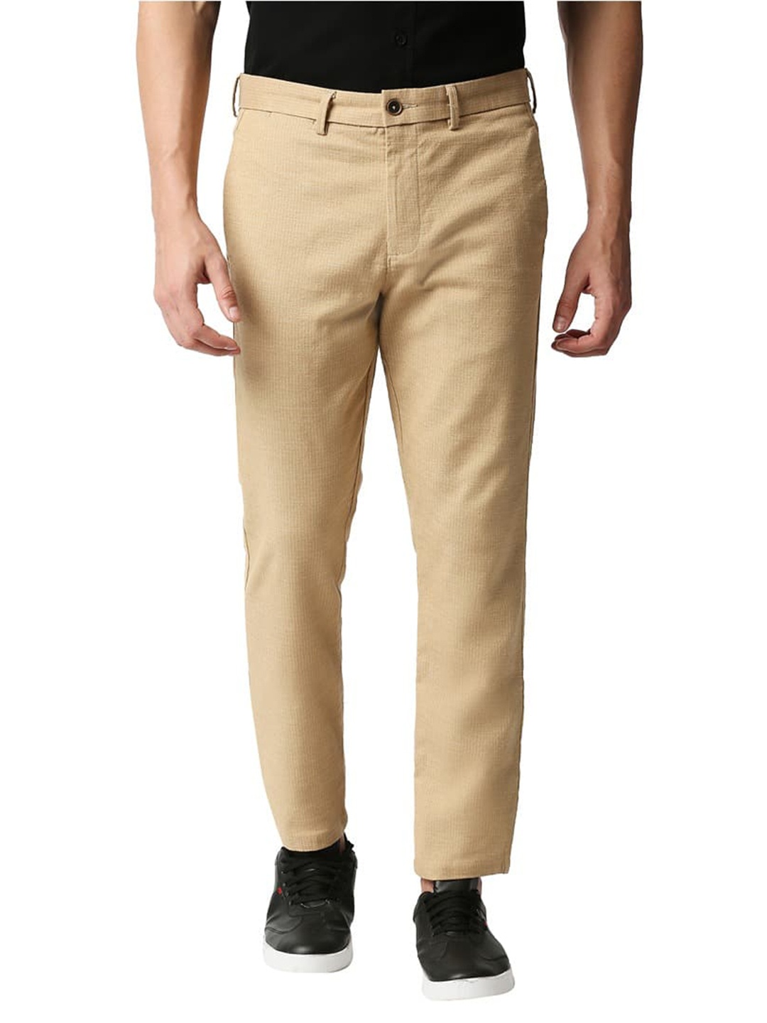

Basics Men Tapered Fit Mid-Rise Plain Cotton Trousers, Brown