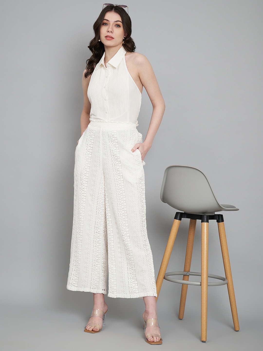 

Amagyaa Shirt Collar Neck Pure Cotton Top With Flared Trouser, White