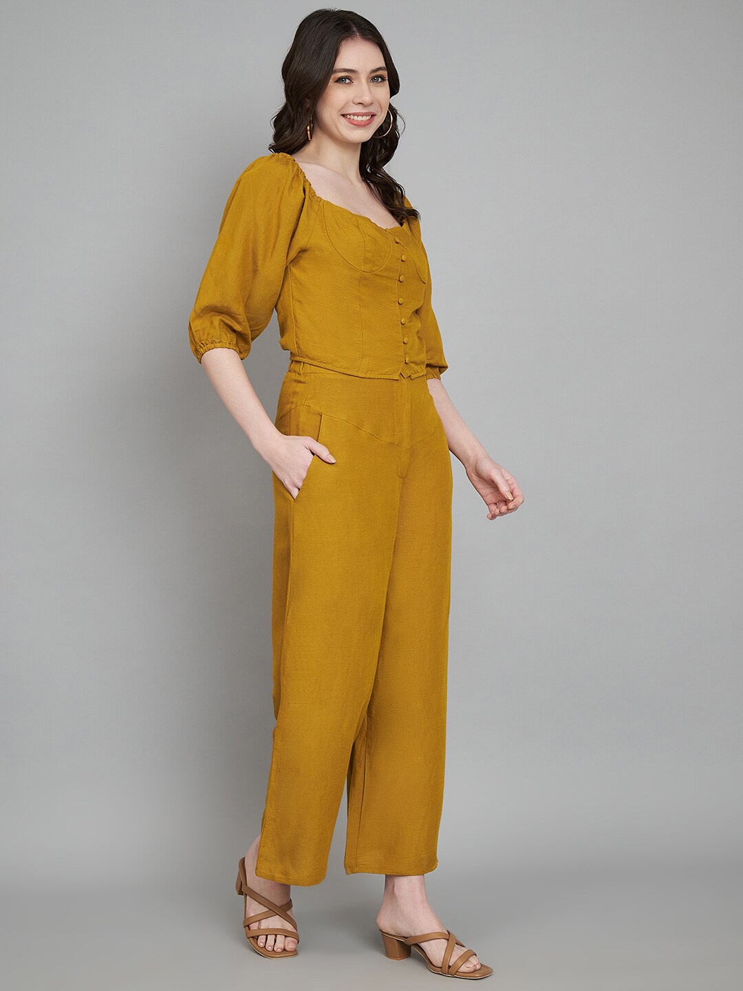 

Amagyaa V-Neck Puff Sleeves Linen Top With Flared Palazzo, Mustard