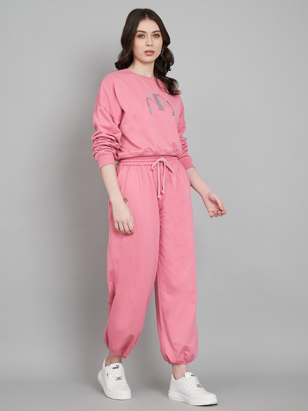 

Amagyaa Printed Pure Cotton Round Neck Sweatshirt & Flared Joggers, Pink