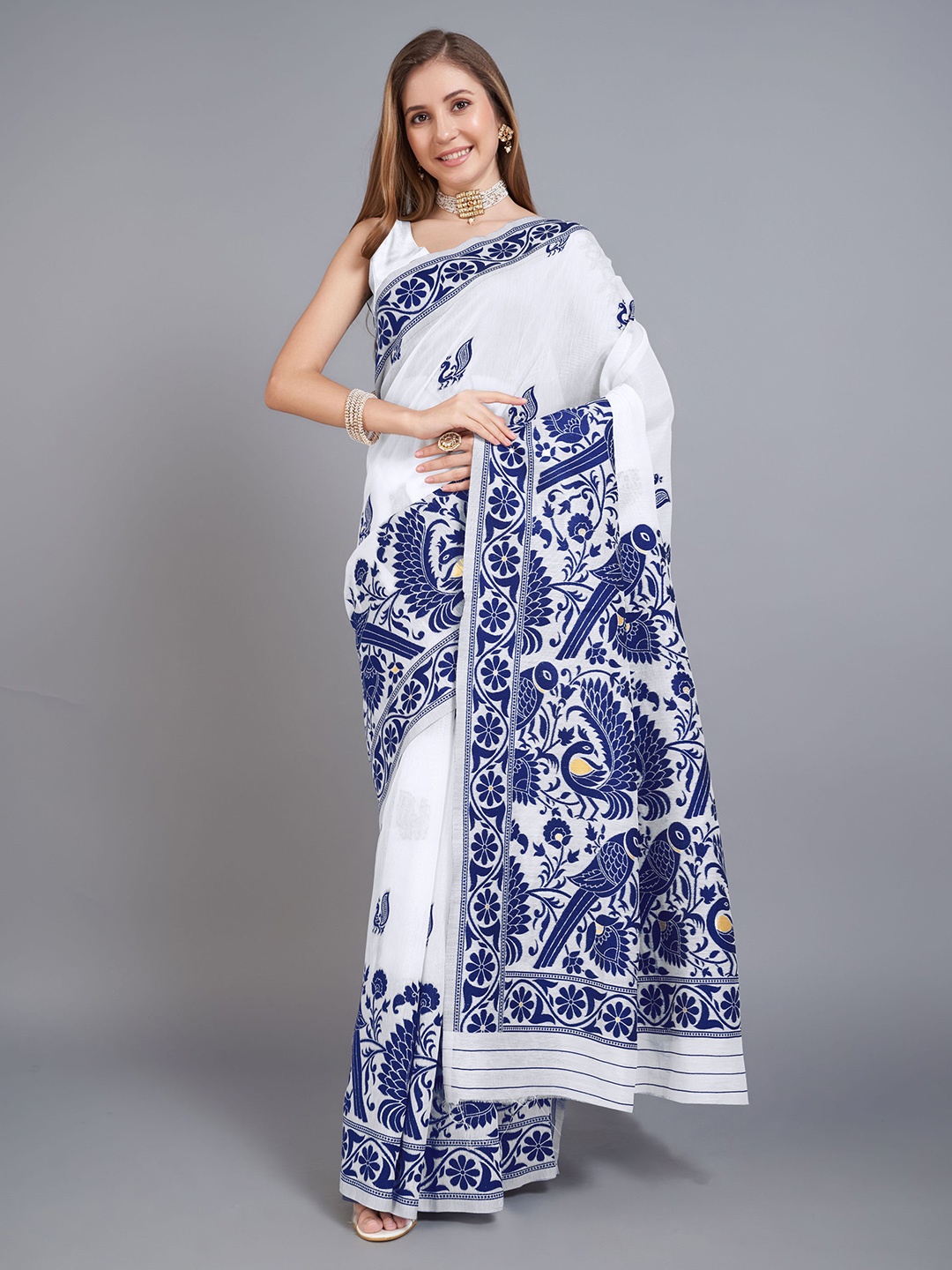 

V3 FASHION STUDIO Ethnic Motifs Woven Design Pure Cotton Jamdani Saree, Blue