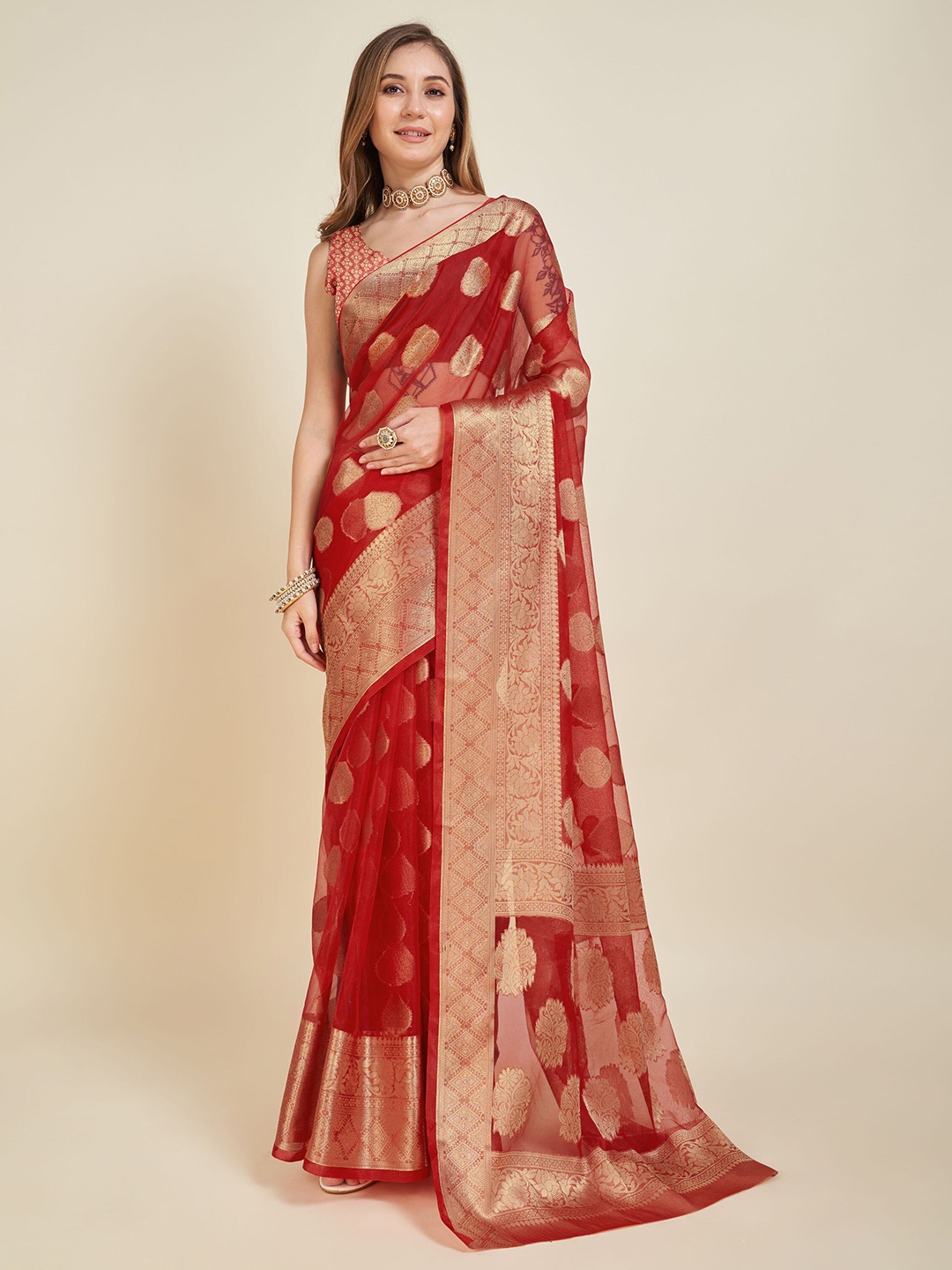 

V3 FASHION STUDIO Ethnic Motifs Woven Design Zari Banarasi Saree, Red