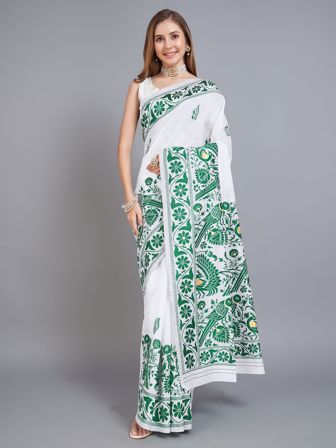 

V3 FASHION STUDIO Ethnic Motifs Woven Design Pure Cotton Jamdani Saree, Green