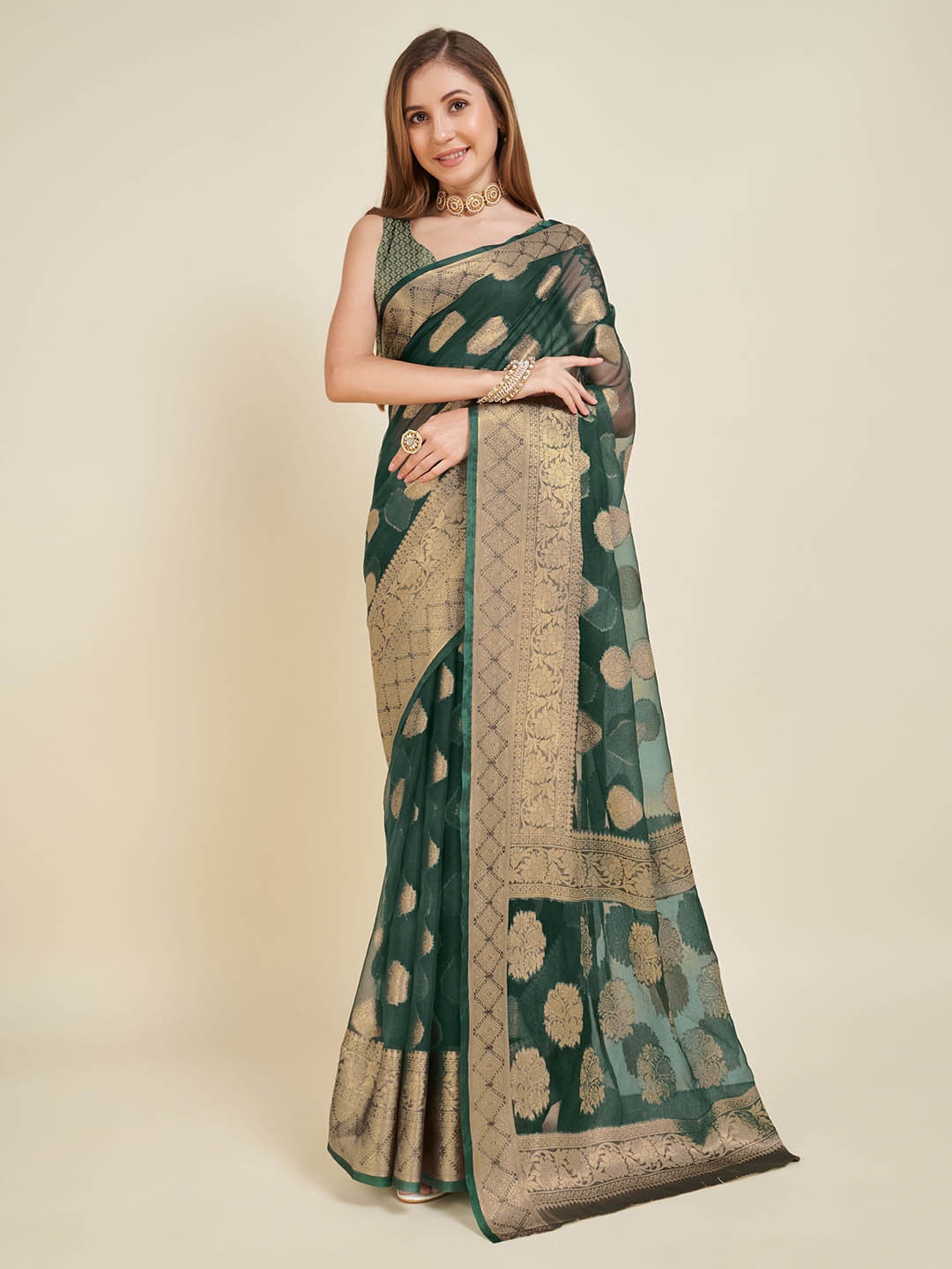 

V3 FASHION STUDIO Ethnic Motifs Woven Design Zari Organza Banarasi Saree, Green