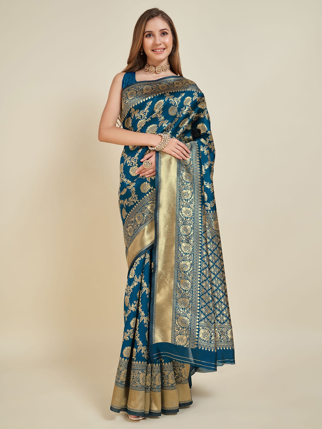 

V3 FASHION STUDIO Floral Woven Design Zari Banarasi Saree, Blue